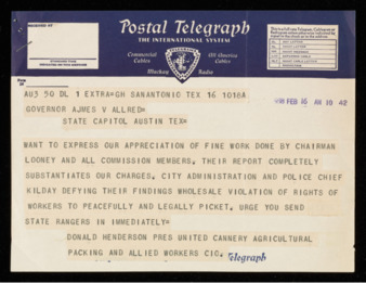 Telegram from Donald Henderson to Governor James V. Allred, 1938 February 16