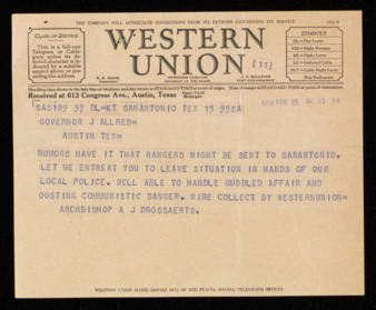 Telegram from Archbishop Arthur Drossaerts to Governor James V. Allred, 1938 February 15