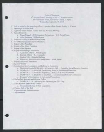 Order of Business [Agenda], 6th Senate Meeting of the 41st Administration, September 8, 2004