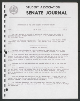 Senate Journal, Fifth Senate, University of Houston Student Government Association, Minutes, Vol. 5, No. 6, May 6, 1968