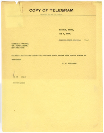 Telegram from J. S. Cullinan to Tiffany & Company, 1926 May 6