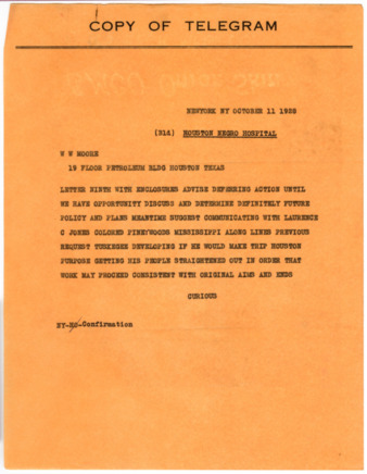 Telegram from "Curious" to W. W. Moore, 1928 October 11