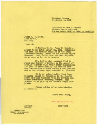 Letter from R. E. Powell to W. W. Moore, 1931 September 4