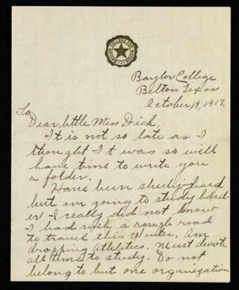 Letter from "Eunice" to "Little Miss Dick" regarding studies at Baylor