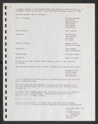 First Senate, University of Houston Student Government Association, Minutes, March 8, 1965