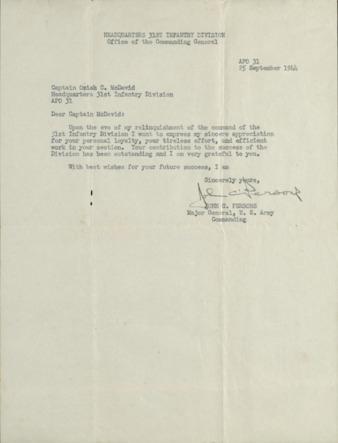 Letter from John C. Persons to Capt. O. C. McDavid, 1944 September 25
