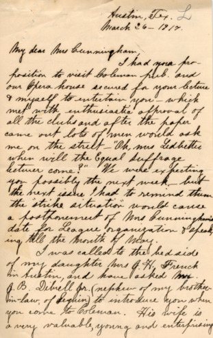 Correspondence from Lena D. Ledbetter to Minnie Fisher Cunningham and Edith H. League, 1917 February-March