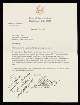 Letter from Charles A. Gonzalez to Mary F. Lopez, December 21, 2009