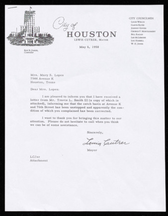 Letter from Lewis Cutrer to Mary S. Lopez, May 6, 1958