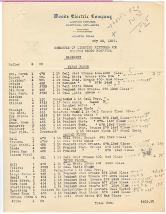 Schedule of lighting fixtures for Houston Negro Hospital
