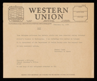 Copy of telegram from Texas Secretary of State Edward Clark, 1938 February 10