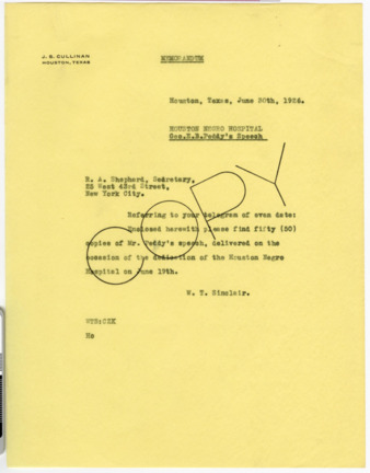 Memorandum from W. T. Sinclair to R. A. Shepherd, 1926 June 30