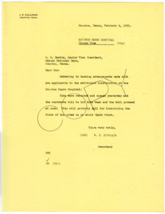 Letter from W. T. Sinclair to B. D. Harris, 1931 February 4
