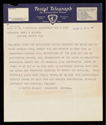 Telegram from J. Austin Beasley to Governor Allred, 1938 March 4