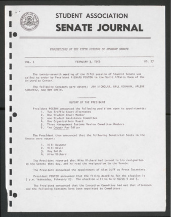 Senate Journal, Fifth Senate, University of Houston Student Government Association, Minutes, Vol. 5, No. 27, February 3, 1969