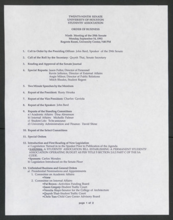 Twenty-ninth Senate, University of Houston, Students' Association, Order of Business, Ninth Meeting, September 14, 1992