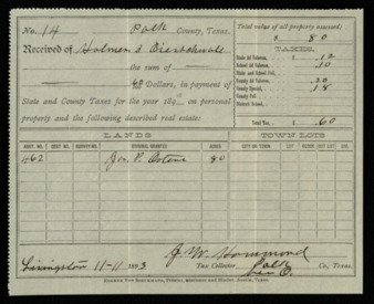 Receipt for taxes paid by Holmes and Bienschwall on land originally owned by J. P. Osteen