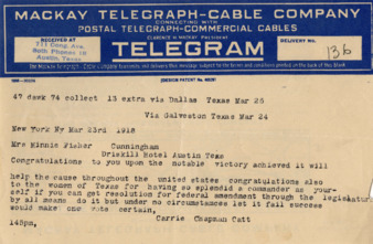 Telegram from Carrie Chapman Catt to Minnie Fisher Cunningham