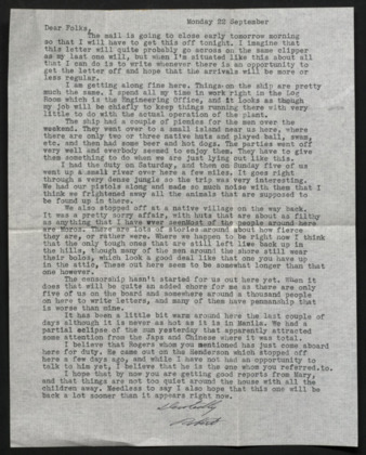 Letter from Lt. Robert B. Fulton to Mr. and Mrs. Fulton, William L., 1941 September 22