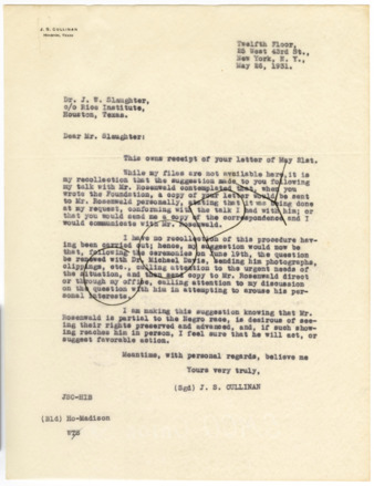 Letter from J. S. Cullinan to J. W. Slaughter, 1931 May 26