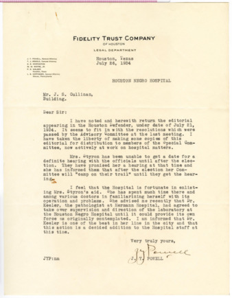 Letter from J. Y. Powell to J. S. Cullinan, 1934 July 26