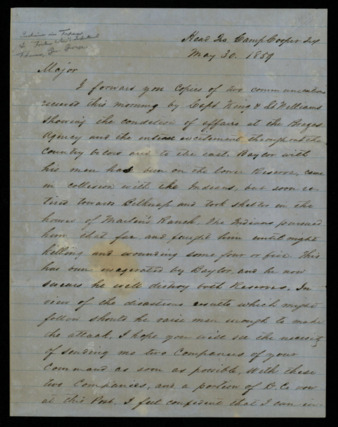 Letter from George Henry Thomas to Major Earl Van Doon requesting two companies of soldiers to act as reinforcements