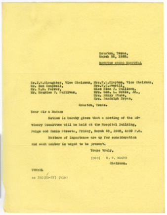 Letter from W. W. Moore to Advisory Committee, 1928 March 22