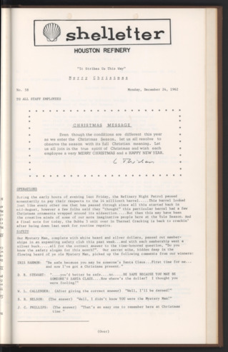 Shelletter, No. 58, December 24, 1962, Merry Christmas