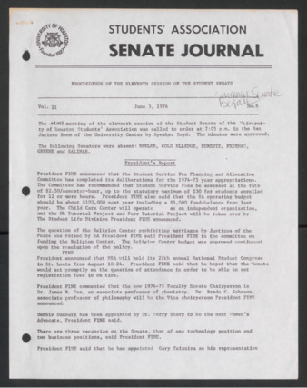 Senate Journal, Eleventh Senate, University of Houston Student Government Association, Minutes, Vol. 11, No. 6, June 3, 1974