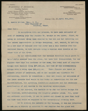Letter from Waddell & Hedrick to I. Austin Miller, 1900 April 5