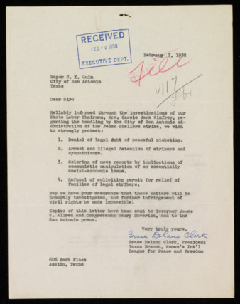 Letter from Grace D. Clark to Charles K. Quin, 1938 February 7