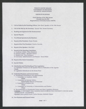 Twenty-ninth Senate, University of Houston, Students' Association, Order of Business, Sixth Meeting, June 22, 1992