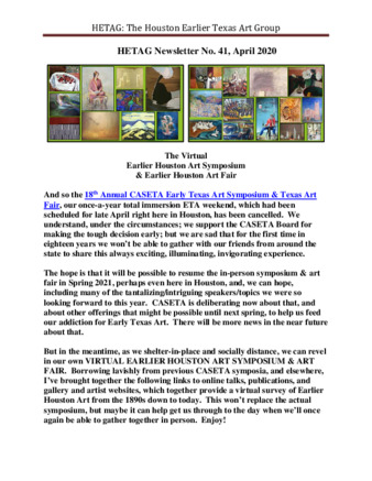 HETAG: The Houston Earlier Texas Art Group Newsletter, No. 41, April 2020