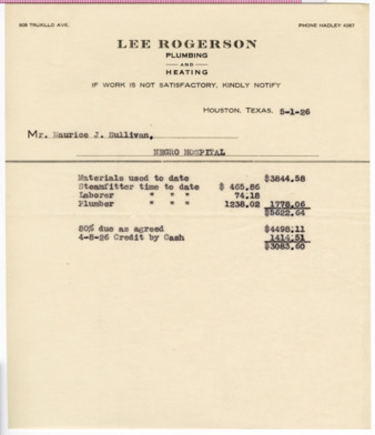 Bill of sale from Lee Rogerson Plumbing and Heating