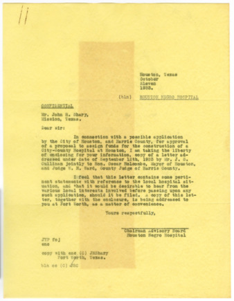 Letter from the chairman advisory board of the Houston Negro Hospital to Mr. John H. Shary, 1933 October 11
