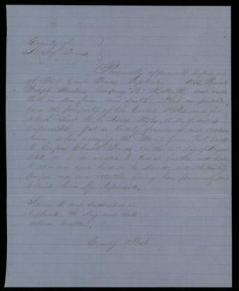Sworn statement by Joseph Backus regarding the condition of horses carrying mail from Fort Ewell, Texas to Corpus Christi, Texas