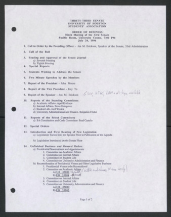Thirty-third Senate, University of Houston, Students' Association, Order of Business, Ninth Meeting, July 24, 1996
