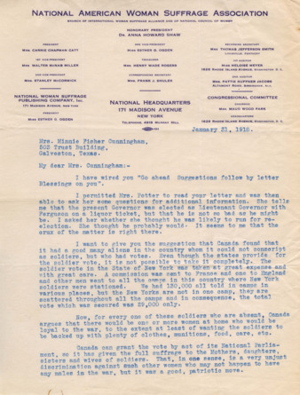 Letter from Carrie Chapman Catt to Mrs. Minnie Fisher Cunningham