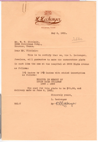 Letter from R. B. Lechenger to W. T. Sinclair, 1931 May 8