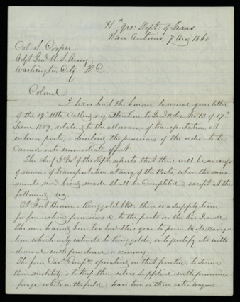 Letter from Robert E. Lee to Adjutant General Colonel Samuel Cooper regarding transportation of troops