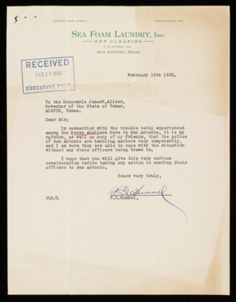 Letter from F. G. Hummel to Governor James V. Allred, 1938 February 16
