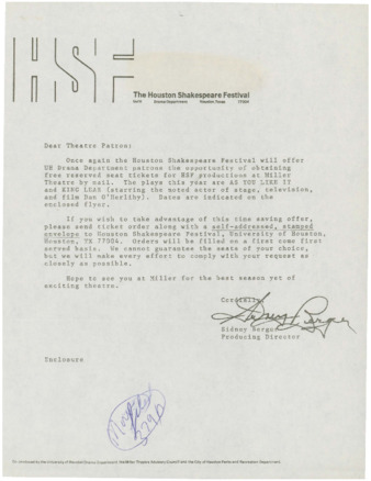Houston Shakespeare Festival flier