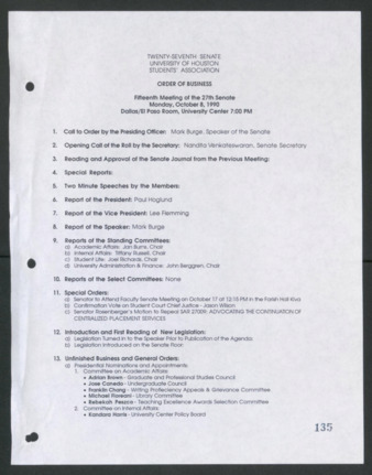 Twenty-seventh Senate, University of Houston, Students' Association, Order of Business, Fifteenth Meeting, October 8, 1990