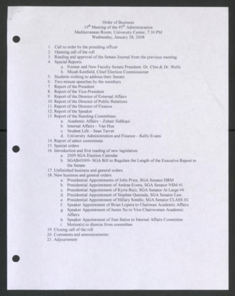Order of Business [Agenda], 19th Meeting of the 45th Administration, January 28, 2008