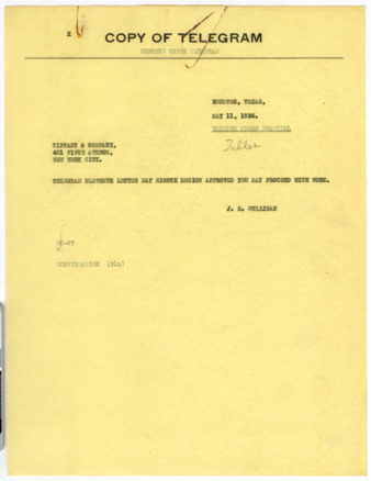 Telegram from J. S. Cullinan to Tiffany & Co., 1926 May 11