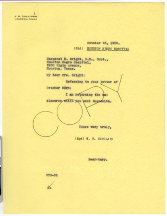 Letter from W. T. Sinclair to Margaret H. Bright, 1932 October 26