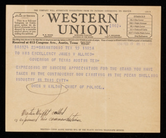 Telegram from Owen W. Kilday to Governor James V. Allred, 1938 February 19