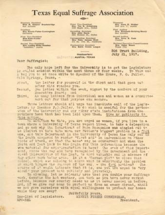 Letter from Minnie Fisher Cunningham to Texas Suffragists