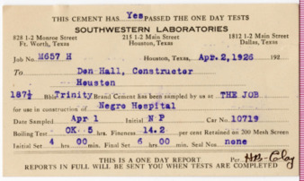 Southwestern Laboratories one day cement test card, 1926 April 2