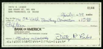Bank of America check for membership dues for the 5th World Fantasy Convention